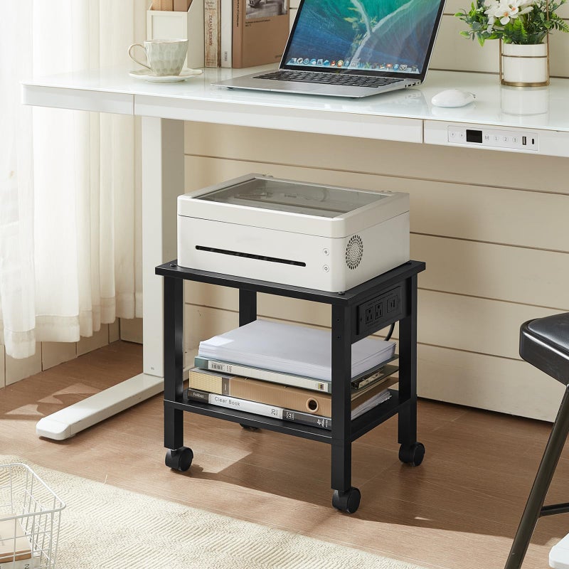 YUFAM 2 Tier Under Desk Printer Stand with Storage, Small Printer Table with Charging Station, Rolling Printer Cart Shelf with Lockable Wheels for Home, Office (Black) - Image 4