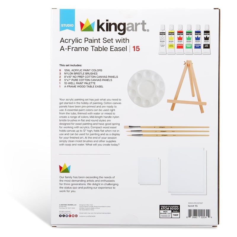 KINGART Artist Painting Set with 6 Vivid Acrylic Paint Colors, 12" Easel, 4 Canvas Panels, 3 Brushes, Painting Palette - School, Students, Beginners Starter Art Kit, 15 pc. - Image 3