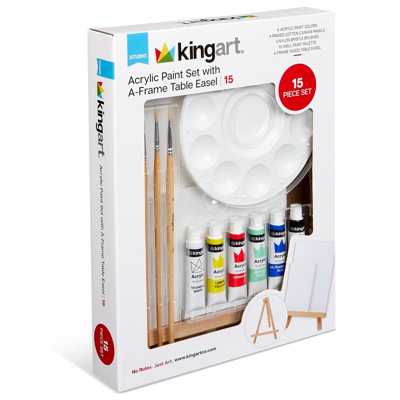 KINGART Artist Painting Set with 6 Vivid Acrylic Paint Colors, 12" Easel, 4 Canvas Panels, 3 Brushes, Painting Palette - School, Students, Beginners Starter Art Kit, 15 pc. - Image 2