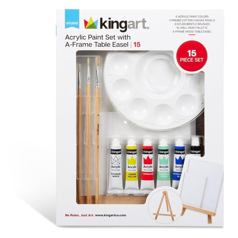 KINGART Artist Painting Set with 6 Vivid Acrylic Paint Colors, 12" Easel, 4 Canvas Panels, 3 Brushes, Painting Palette - School, Students, Beginners Starter Art Kit, 15 pc. - Image 1