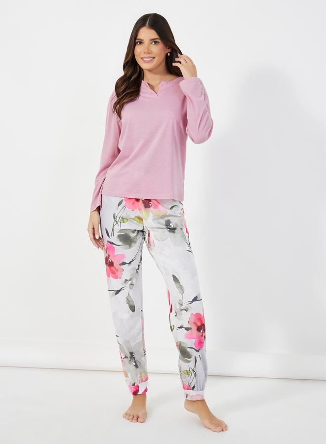 Styli Solid Dropped Shoulder T-Shirt & Floral Print Pants Pyjama Set  - Image 1