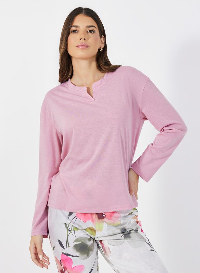 Styli Solid Dropped Shoulder T-Shirt & Floral Print Pants Pyjama Set  - Image 2