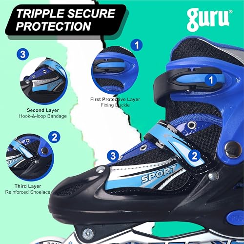 GURU Inline Skates, Inline Skates 4 Wheels 64mm for Kids & Adults Medium Size in-line Skates - Size 34-37 Euro (Blue) - Image 3