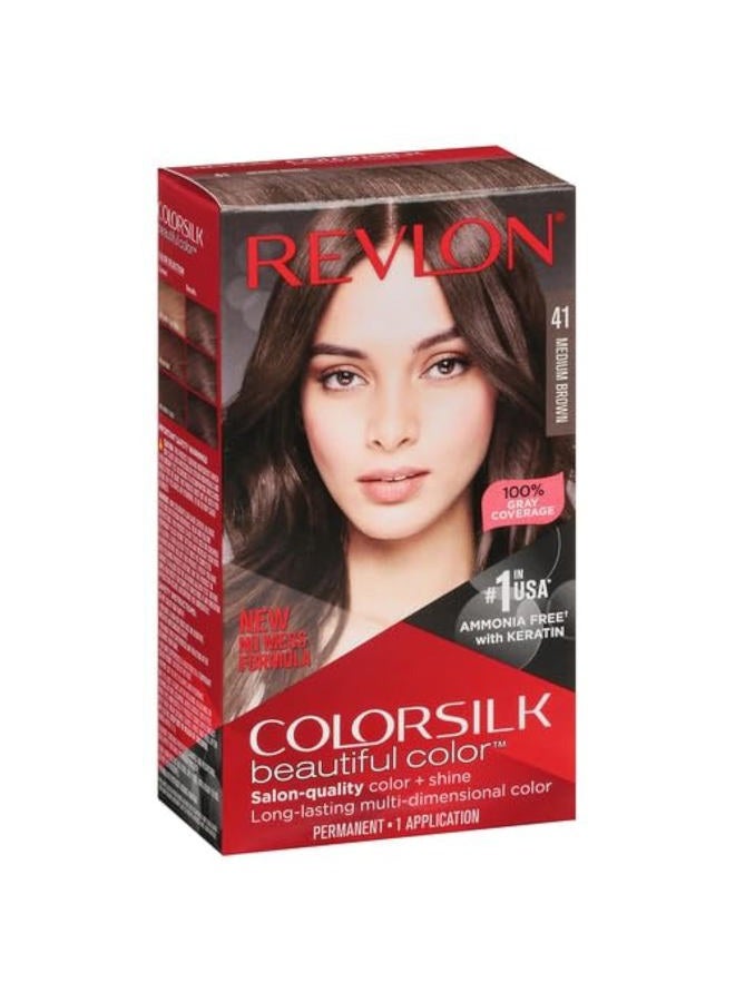 Revlon Permanent Hair Color by Revlon, Permanent Hair Dye, Colorsilk with 100% Gray Coverage, Ammonia-Free, Keratin and Amino Acids, 41 Medium Brown, 4.4 Oz (Pack of 1) - Image 1