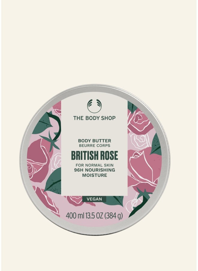 British Rose Body Butter | 96hr Moisture Rich Body Cream with English Rose Extract, Shea Butter & Sesame Oil | Vegan Skincare | 96% Natural Origin | Non-Greasy Floral Body Moisturiser for Normal Skin, 400ml