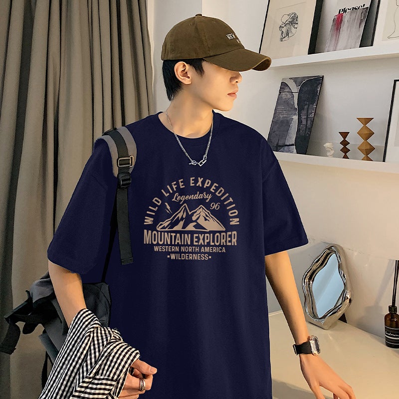 25 New Cotton Shoulder Short-Sleeved T-Shirt Men'S New Korean Round Neck Printed All-Match Casual Base Shirt Trendy - Image 1