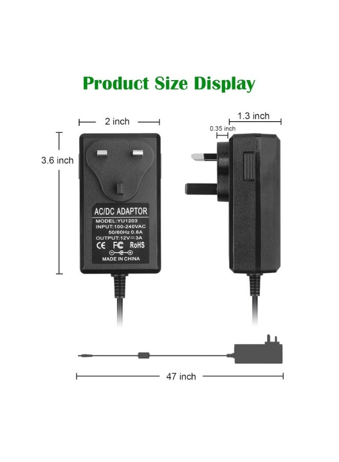 BEST ONE 12V 3A Power Adapter - AC 100-240V 50-60HZ DC 12V 3Amps 36W UK Converter Adapter Charger,5.5mm x 2.5mm Jack for CCTV Security Camera, LED Strip Lights, LCD Monitor - Image 2
