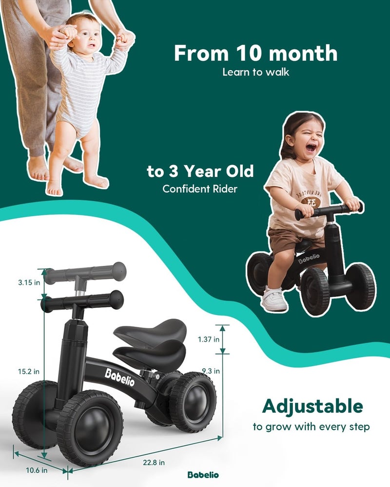BABELIO Baby Balance Bike for 1 Year Old Boys Girls, 10-36 Month Toddler Balance Bike, 4-Wheel Off-Roader Design, Adjustable Seat & Handlebar - Black - Image 2