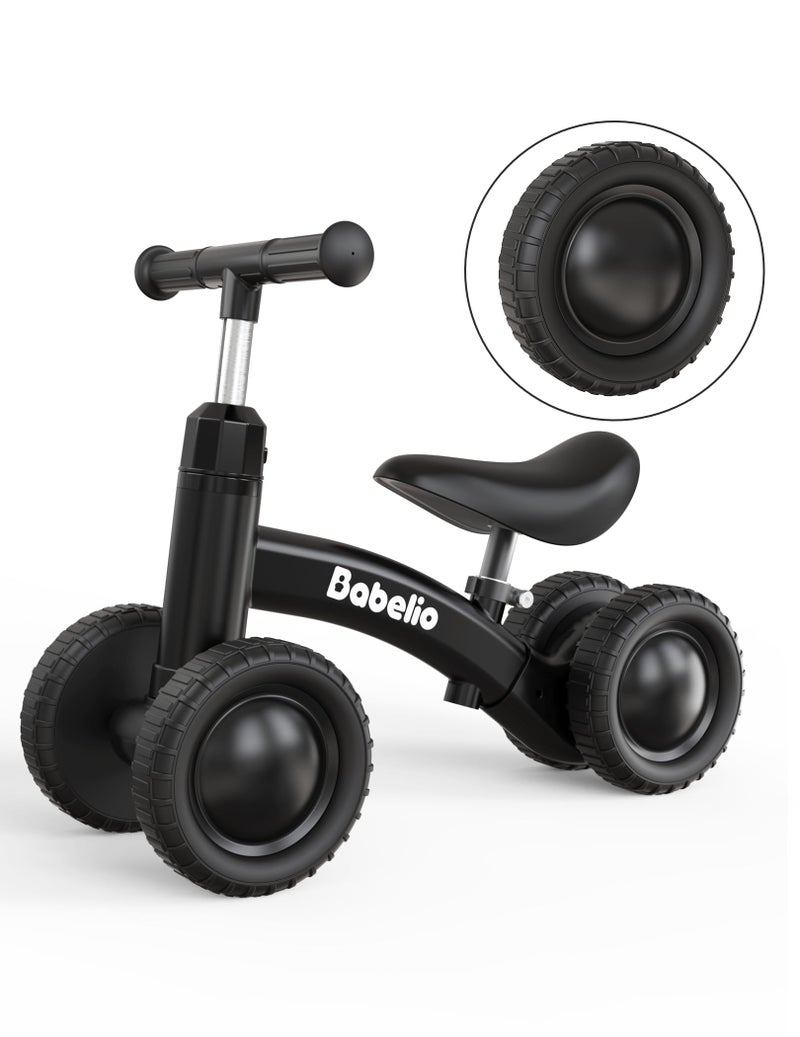 BABELIO Baby Balance Bike for 1 Year Old Boys Girls, 10-36 Month Toddler Balance Bike, 4-Wheel Off-Roader Design, Adjustable Seat & Handlebar - Black - Image 1
