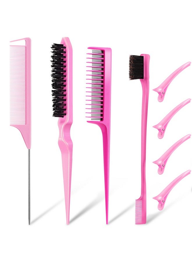 زوبيل مجموعة فرش مثيرة مكونة من 8 قطع، ومشط حافة مع مشابك للشعر، وتصفيف الشعر بحواف مزدوجة، وذيل فأر قوي ثلاثي للنساء والفتيات والأطفال (وردي) - Image 1