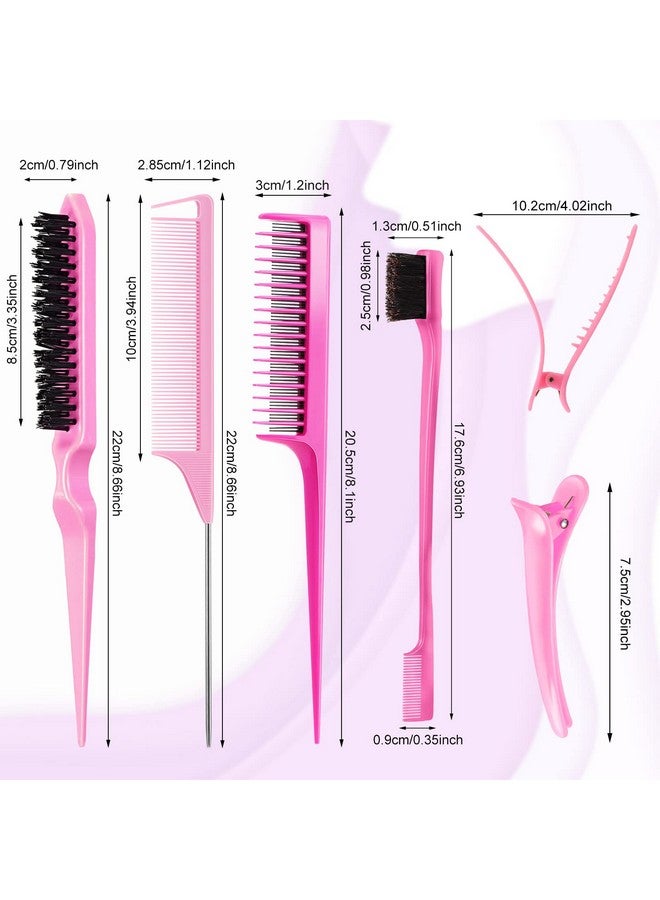 زوبيل مجموعة فرش مثيرة مكونة من 8 قطع، ومشط حافة مع مشابك للشعر، وتصفيف الشعر بحواف مزدوجة، وذيل فأر قوي ثلاثي للنساء والفتيات والأطفال (وردي) - Image 2