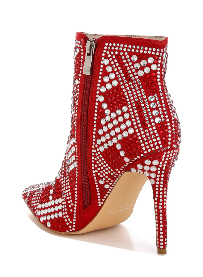 London Rag Rhinestones Studded Stiletto Heel Boots in Red