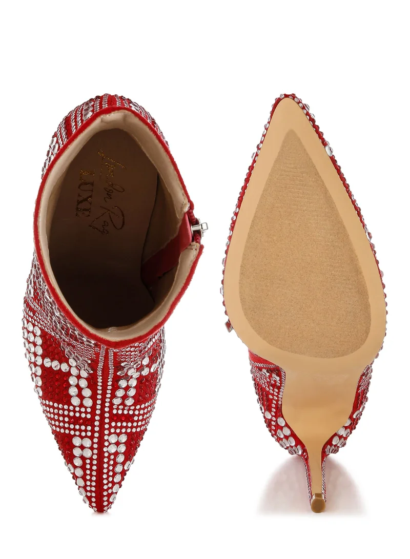 London Rag Rhinestones Studded Stiletto Heel Boots in Red