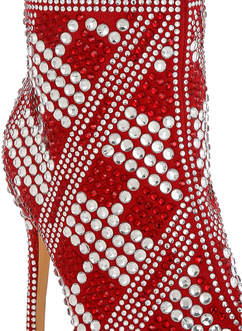 London Rag Rhinestones Studded Stiletto Heel Boots in Red