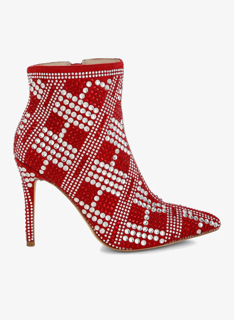 Rhinestones Studded Stiletto Heel Boots in Red