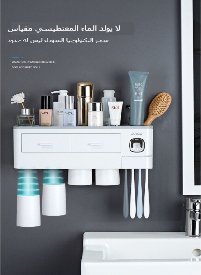 بيوينتي موزع معجون أسنان مزدوج تلقائي مع حامل فرشاة أسنان كهربائي مثبت على الحائط، مع كوبين مغناطيسيين، درج تخزين، وفتحتين لتنظيم فرش الأسنان (رمادي) - Image 2