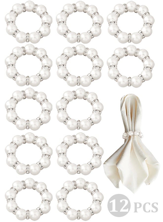 12 Pack Pearl Beaded Napkin Rings, Round Silver Napkin Buckles Holder, Elegant Napkin Rings for Wedding Formal Dinner Reception Party Banquet Table Decor - Silver - Image 1