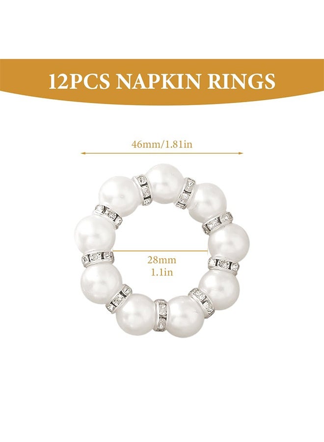 12 Pack Pearl Beaded Napkin Rings, Round Silver Napkin Buckles Holder, Elegant Napkin Rings for Wedding Formal Dinner Reception Party Banquet Table Decor - Silver - Image 2