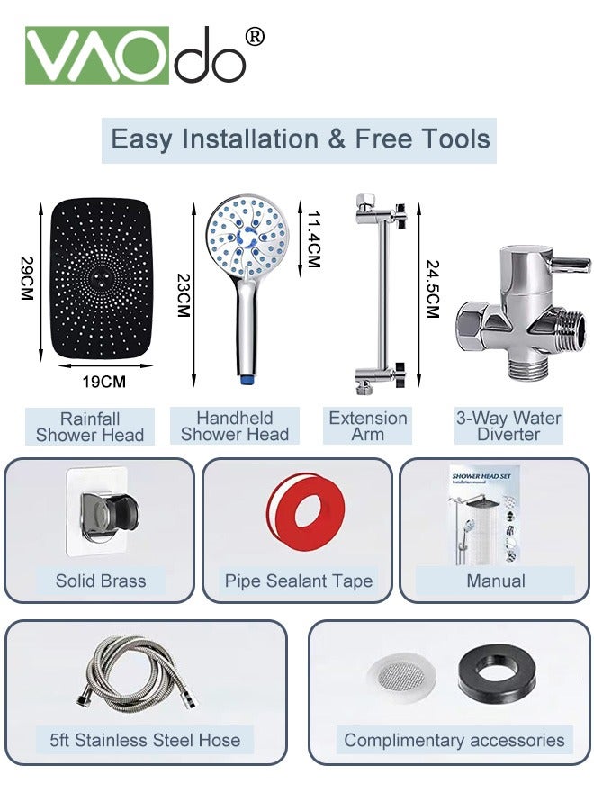 VAOdo 12 Inch High Pressure Rain Shower Head Shower Heads with 5 Modes Handheld Spray Combo Wide RainFall shower with 70" Hose & Bracket Adjustable Dual Showerhead with Anti-Clog Nozzles Chrome - Image 4