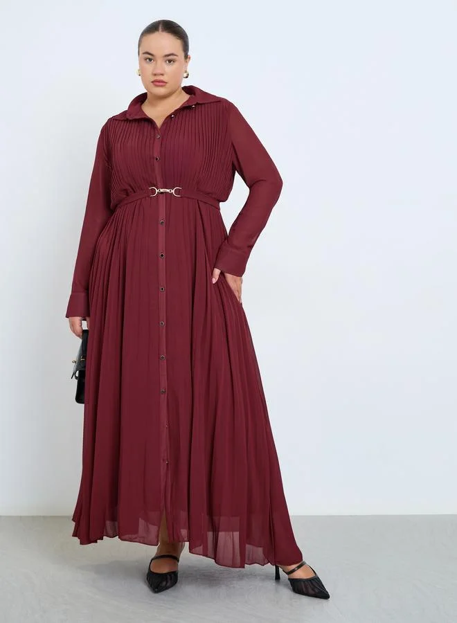 Styli Plus Size Burgundy Pleated Collared Maxi Dress