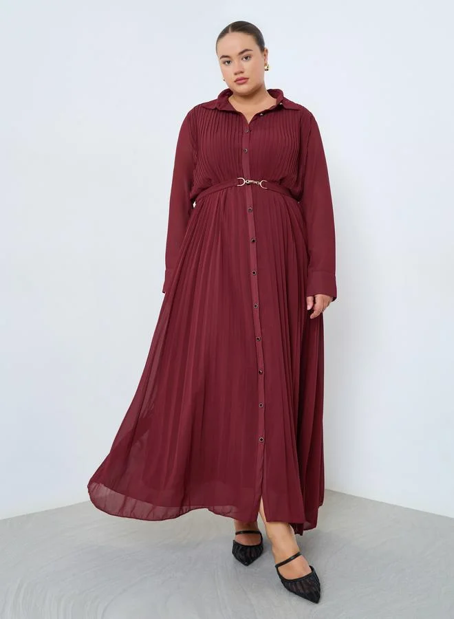 Styli Plus Size Burgundy Pleated Collared Maxi Dress