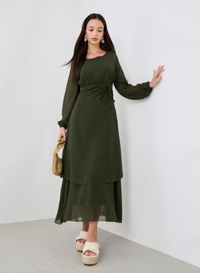 Take Two Solid Gathered Detail Round Neck Maxi Dress - Image 1