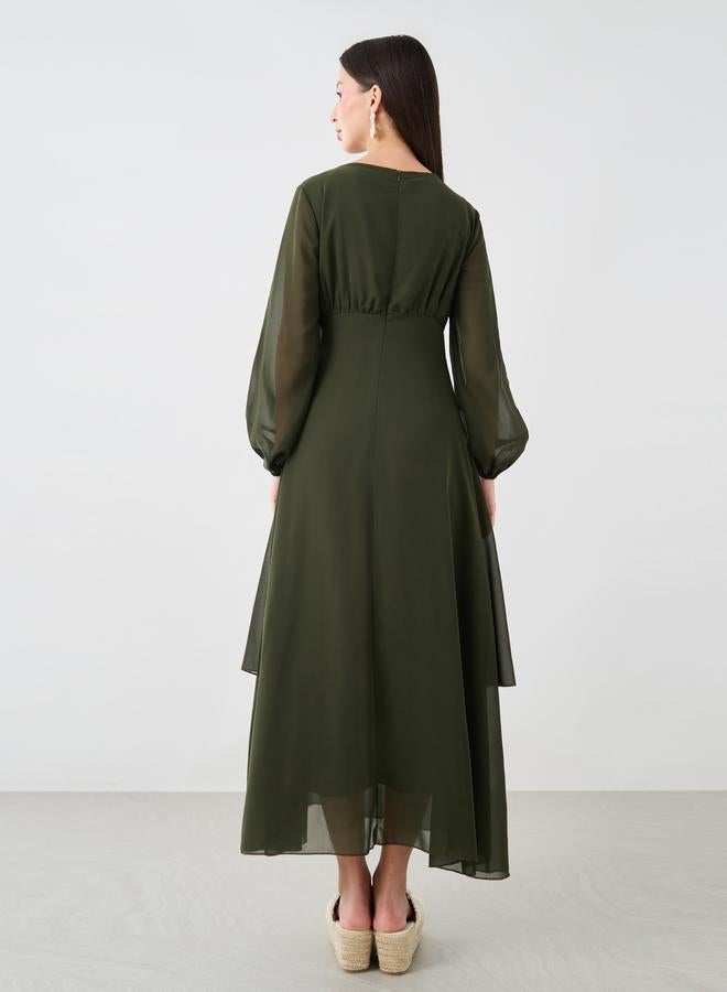 Take Two Solid Gathered Detail Round Neck Maxi Dress - Image 4