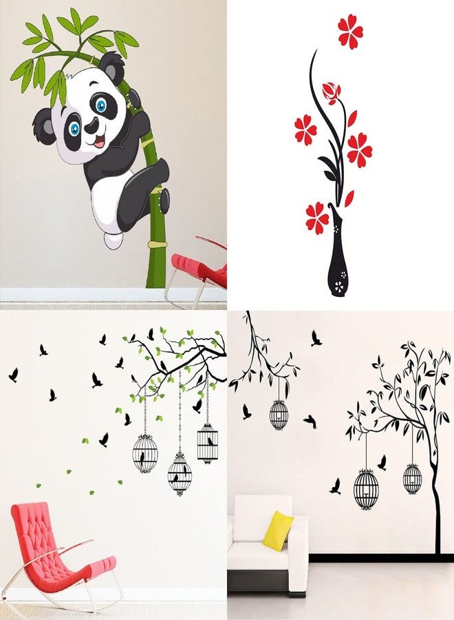 Merical PVC Vinyl Self-Adhesive Baby Panda, Flower Vase Red, Flying Birds & Cage, Free Bird Cage Black Wall Sticker for Kids Room Decoration, Home Décor, Living Room, Hall, Bedroom (Set of 4) - Image 1