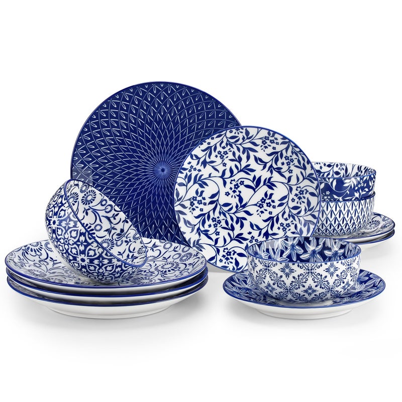 vancasso SELENE Plates and Bowls Set for 4 12 Pieces Dinnerware Sets Mircowave and Dishwasher Safe Dishes Set Porcelain Blue Dinnerware