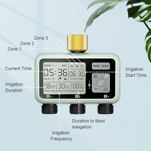 johgee Watering Timer 3 Zone with Brass Inlet Sprinkler Timer Programmable Garden Outdoor Hose Faucet Timers with Rain Delay Auto Manual Watering SystemWater Hose Irrigation Timers 3 Outlet for Garden - Image 3