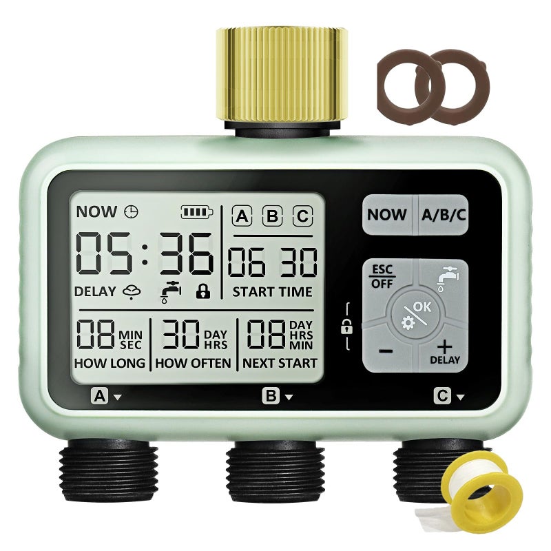 johgee Watering Timer 3 Zone with Brass Inlet Sprinkler Timer Programmable Garden Outdoor Hose Faucet Timers with Rain Delay Auto Manual Watering SystemWater Hose Irrigation Timers 3 Outlet for Garden - Image 2