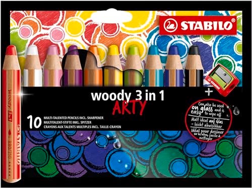 STABILO Multi-Talented Pencil woody 3 in 1 ARTY - Pack of 10 - Assorted Colors with Sharpener - Image 1