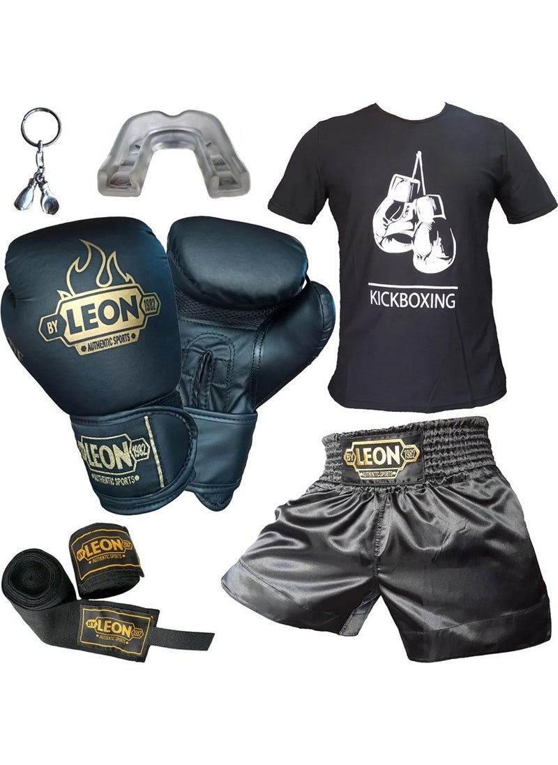 By Leon 1982 Boxing Gloves, Leon Kick Boxing Shorts, T-Shirt, Bandage, Mouthguard Set Black 