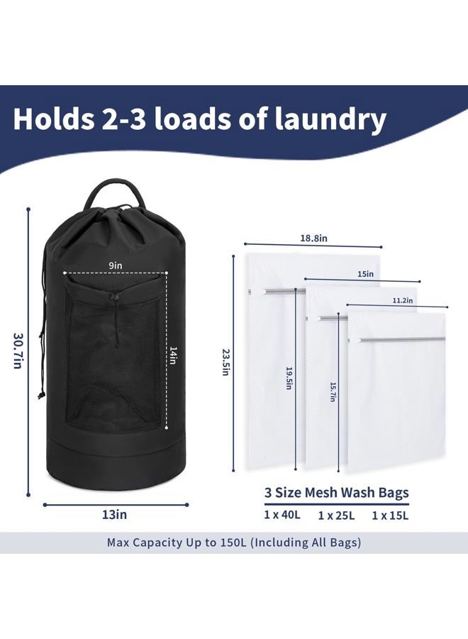 WELIDAY Laundry Bag Backpack with Shoulder Straps and Mesh Pocket Foldable Laundry Hamper for College, Apartment, Laundromat (Black with mesh wash bag) - Image 2