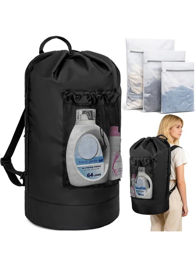 WELIDAY Laundry Bag Backpack with Shoulder Straps and Mesh Pocket Foldable Laundry Hamper for College, Apartment, Laundromat (Black with mesh wash bag) - Image 1