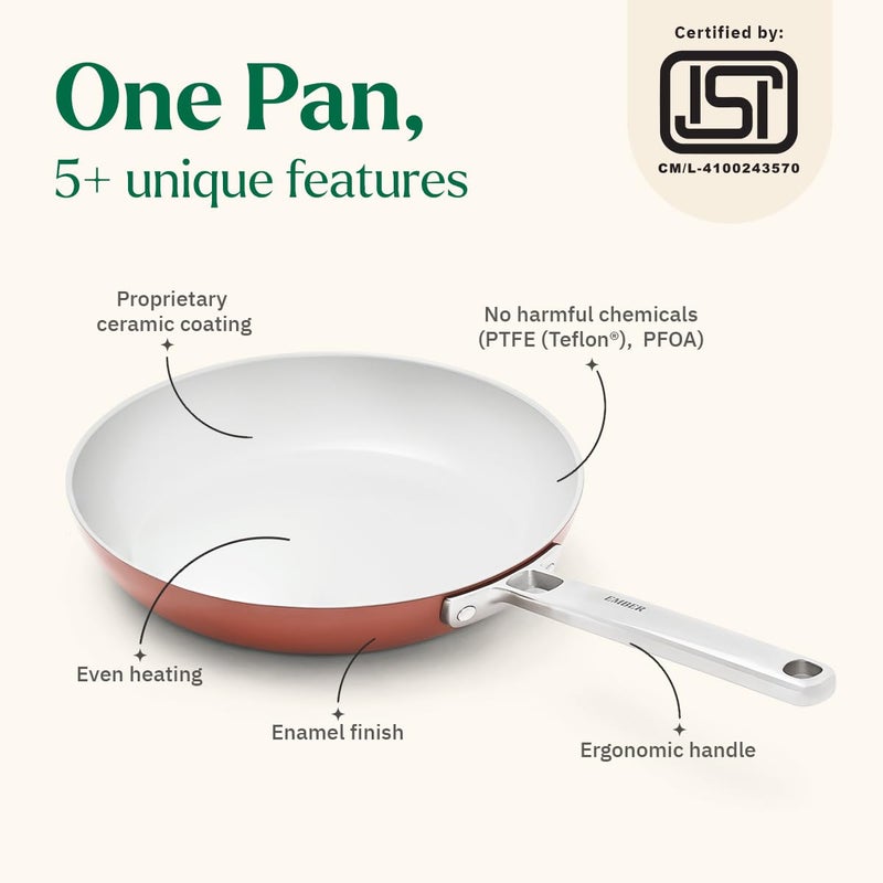 Ember Cookware مقلاة سيراميك أركيلا 24 سم | أدوات طهي غير لاصقة | مقلاة غير سامة | معتمدة من ISI | مقلاة سيراميك للطهي | 1× ملعقة مسطحة | مقبض فولاذي | خالية من PFAS و PTFE | آمنة للاستخدام على الحث | تيراكوتا - Image 2