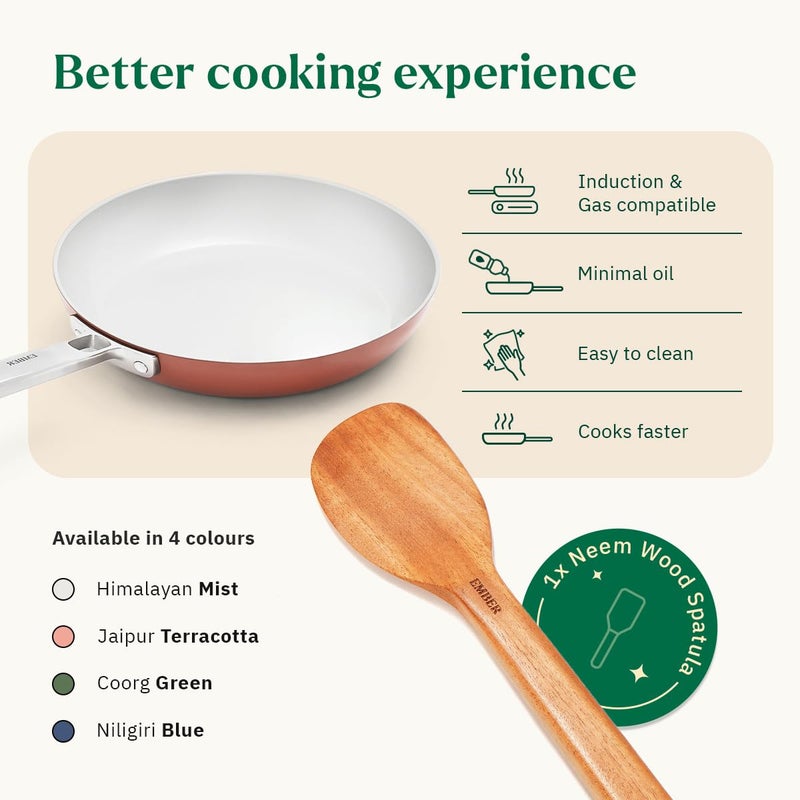 Ember Cookware مقلاة سيراميك أركيلا 24 سم | أدوات طهي غير لاصقة | مقلاة غير سامة | معتمدة من ISI | مقلاة سيراميك للطهي | 1× ملعقة مسطحة | مقبض فولاذي | خالية من PFAS و PTFE | آمنة للاستخدام على الحث | تيراكوتا - Image 3