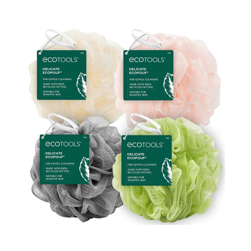 EcoTools Delicate EcoPouf 4 Pack, Loofah Sponge for Bath & Shower, Recycled Netting, Gentle Exfoliation, Pouf for Body Wash, Eco-Friendly Bath Accessory, Cruelty-Free, Color May Vary, (60g Each) - Image 1