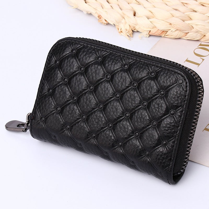 Genuine Leather Card Holder Unisex Slim RFID Blocking Wallet black check