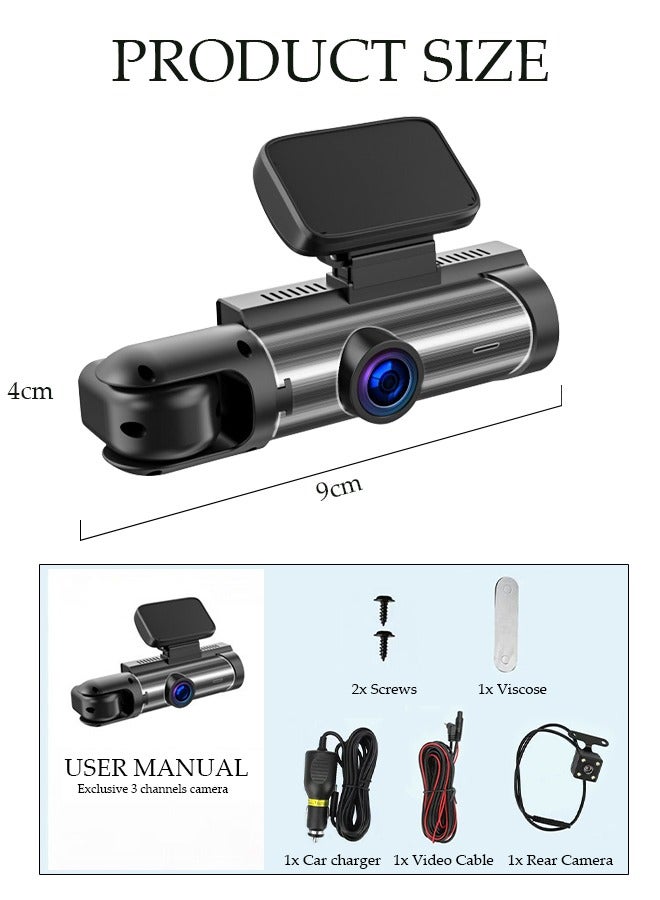 DUNISO 2 Channel Dash Cam, 1080P Dual Channel Front Inside 2 Way Triple Car Dashboard  CameraBuilt-in Wi-Fi Dash Camera for Cars Night Vision, Capacitor, 24 Hours Parking Mode  - Image 2