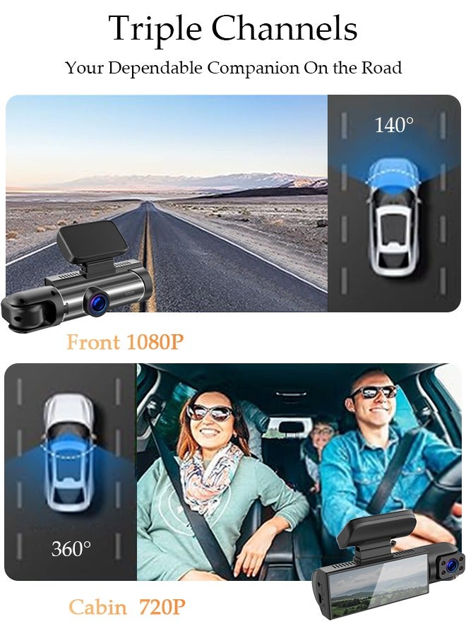 DUNISO 2 Channel Dash Cam, 1080P Dual Channel Front Inside 2 Way Triple Car Dashboard  CameraBuilt-in Wi-Fi Dash Camera for Cars Night Vision, Capacitor, 24 Hours Parking Mode  - Image 3