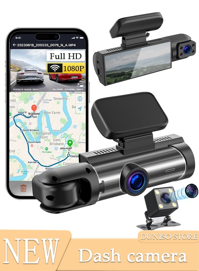 DUNISO 2 Channel Dash Cam, 1080P Dual Channel Front Inside 2 Way Triple Car Dashboard  CameraBuilt-in Wi-Fi Dash Camera for Cars Night Vision, Capacitor, 24 Hours Parking Mode  - Image 1