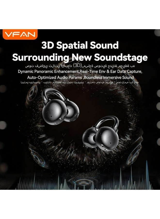 فان سماعات أذن لاسلكية VFAN T16 بتصميم مشبك مفتوح - سماعات ألعاب بدون تأخير مع ميكروفون ENC - مريحة للرياضة والجري ومتوافقة مع أيفون وسامسونج - بطارية 35 ساعة، أسود - Image 2