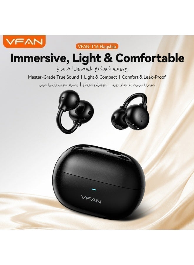 VFAN T16 Open-Ear Wireless Airbuds, FreeClip Style Bluetooth 6.0 Headphones, Clip-On Gaming Headset with ENC Mic, 35H Battery Painless Sports Earphones for iPhone, Samsung, Android - Black - Image 5