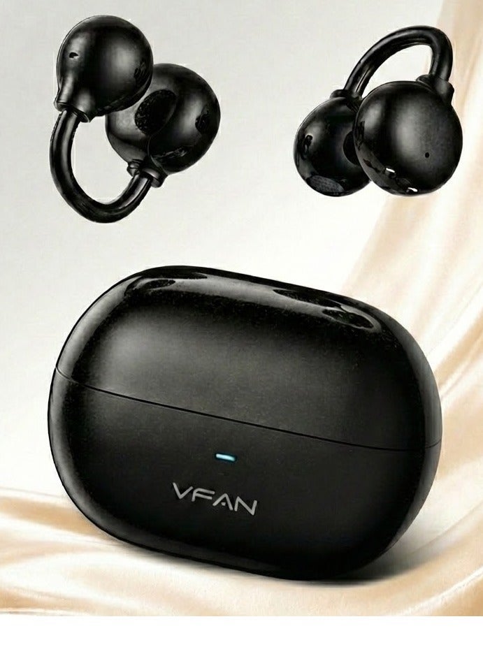 VFAN T16 Open-Ear Wireless Airbuds, FreeClip Style Bluetooth 6.0 Headphones, Clip-On Gaming Headset with ENC Mic, 37H Battery Painless Sports Earphones for iPhone, Samsung, Android - Black - Image 1
