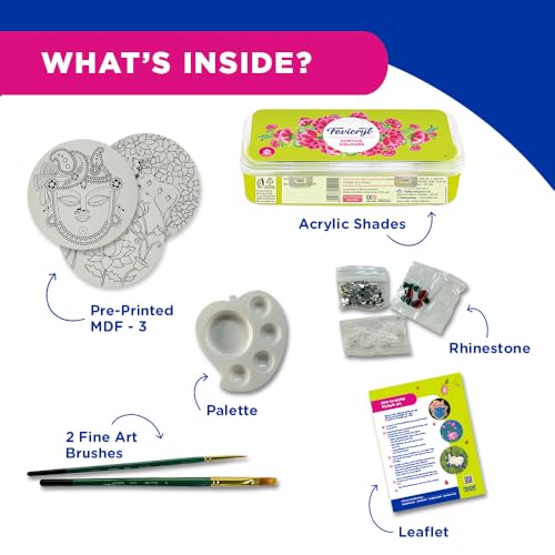 Fevicryl Pichwai Art kit| Learn Art of Rajasthan with Painting Kit Comes with Pre-Printed MDF Boards, Rhinestones, Acrylic Paints, Brushes| Gift for Art Lovers & Beginners, Ideal Gift for Sister - Image 5