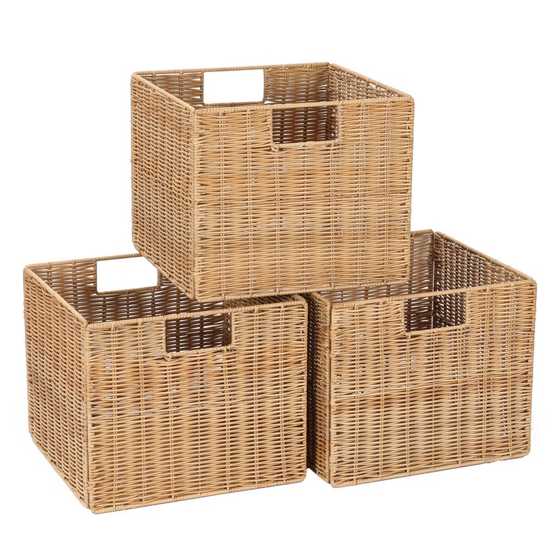 12X12X10in Plastic Wicker Storage Basket Collapsible Wicker Cube Storage for Shelves Woven Plastic Storage Basket for Pantry Bedroom Living Room Bathroom Shelves3 Pack