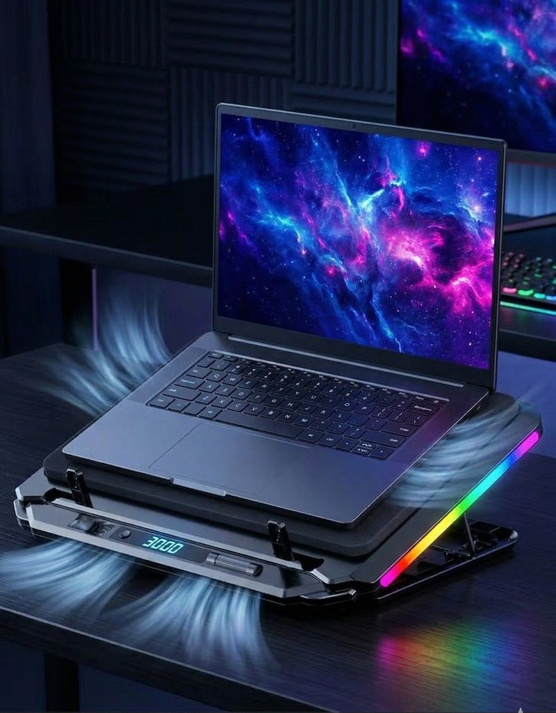 حامل تبريد لابتوب RGB بمراوح مزدوجة 14 سم وشاشة LCD وتحكم لا نهائي بالسرعة – مبرد هادئ للألعاب مع ضبط الارتفاع للابتوب حتى 17 بوصة - Image 1
