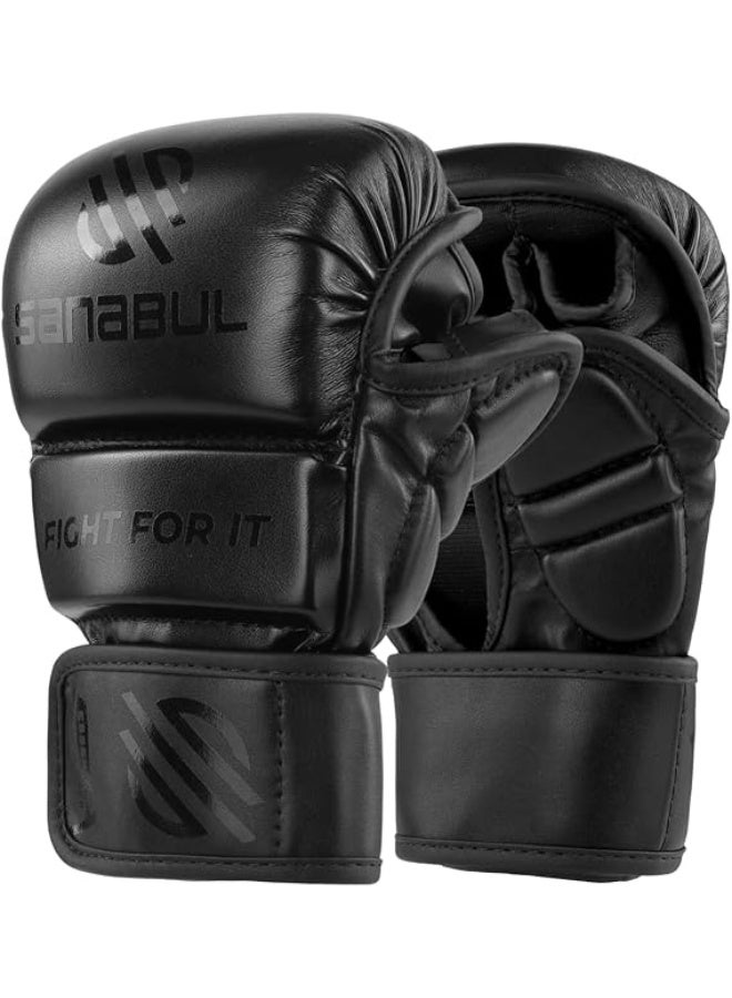 Sanabul  Essential 7 oz MMA Gloves Men & Women | Gloves for Martial Arts Sparring & Training Gloves | Hybrid MMA Kick Boxing Gloves Men | Grappling Gloves (All Black, Large/X-Large) - Image 1