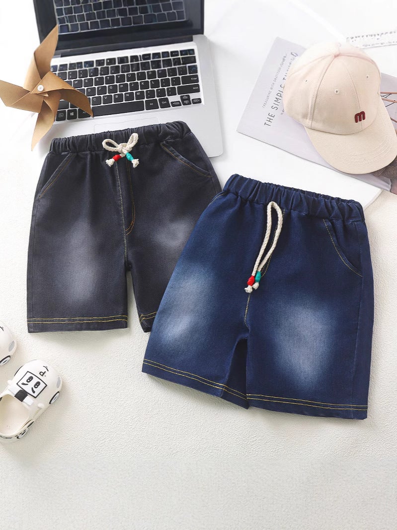 Boys And Girls Denim Shorts With Elastic Waist, Versatile Three-Quarter Pants, Trendy Summer Style For Children And Young Kids - Image 3